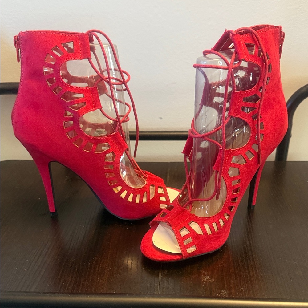 JustFab Red Cut-Out Lace-Up Heels